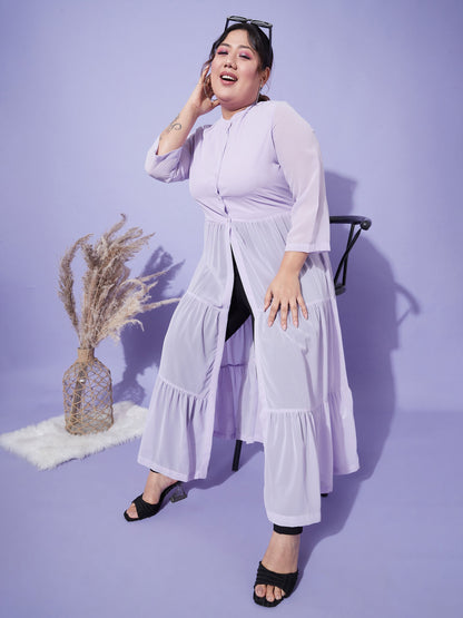 Women's Lavender Front Open Sheer Tiered Maxi Top