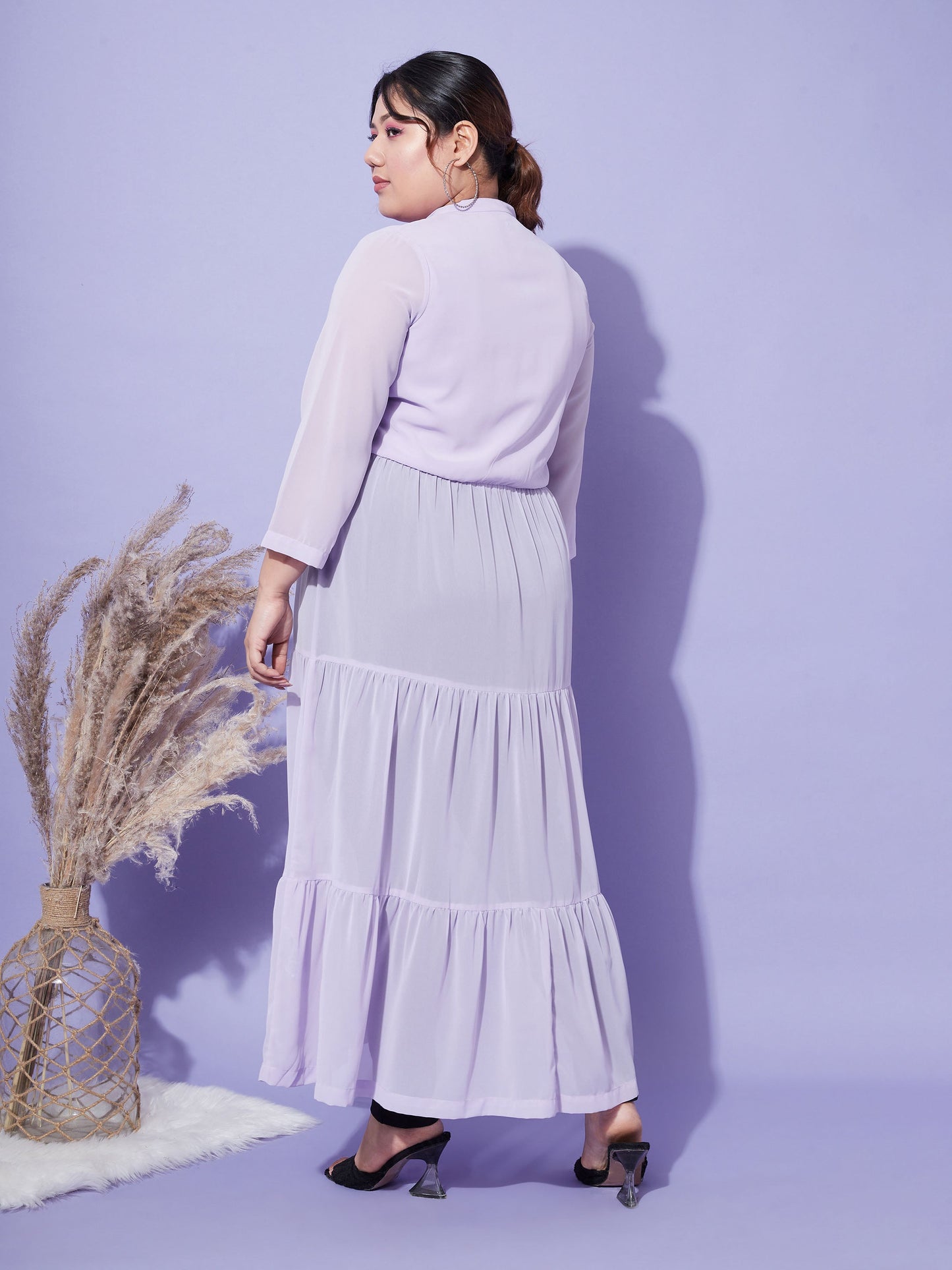 Women's Lavender Front Open Sheer Tiered Maxi Top