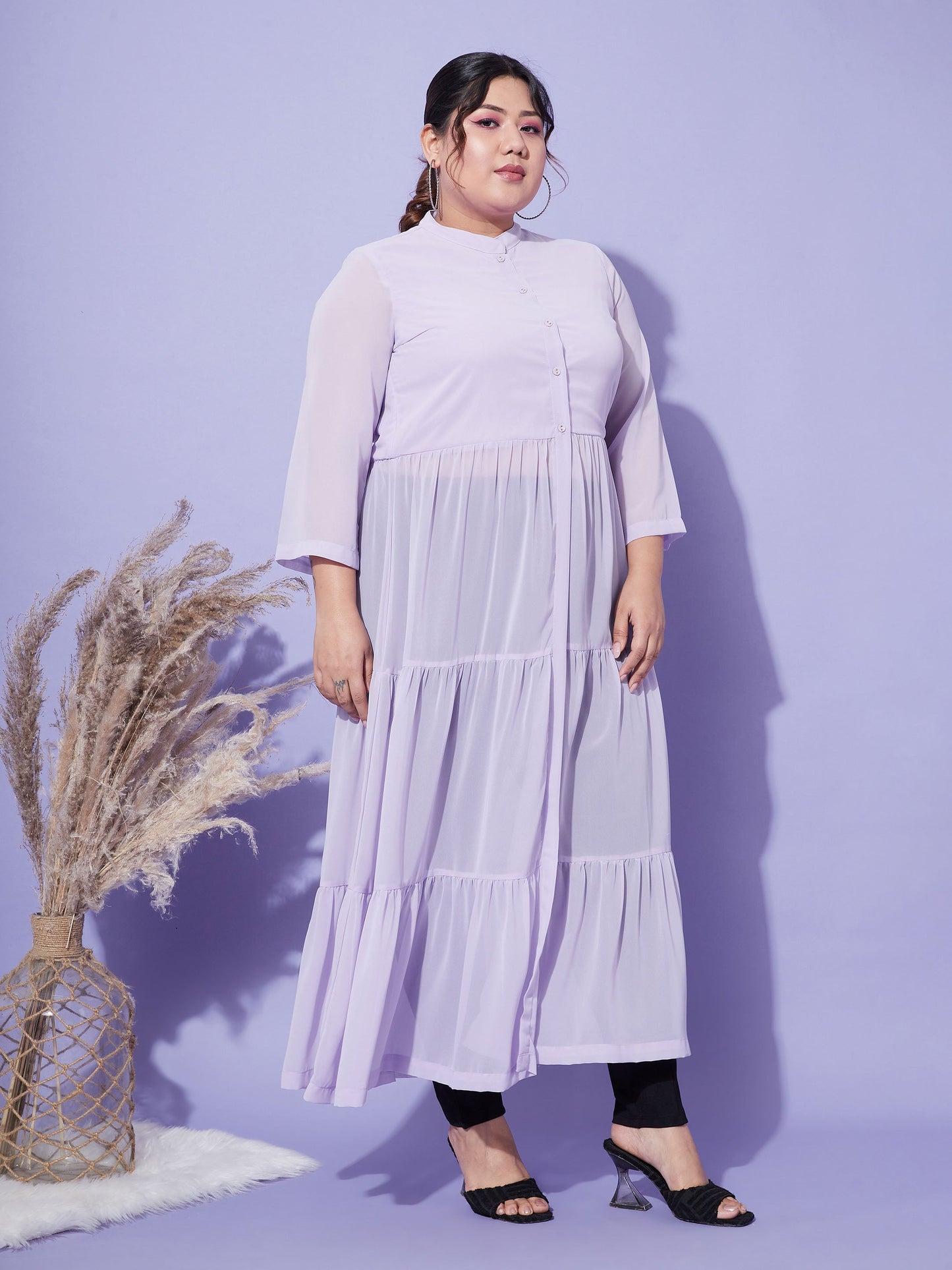 Women's Lavender Front Open Sheer Tiered Maxi Top