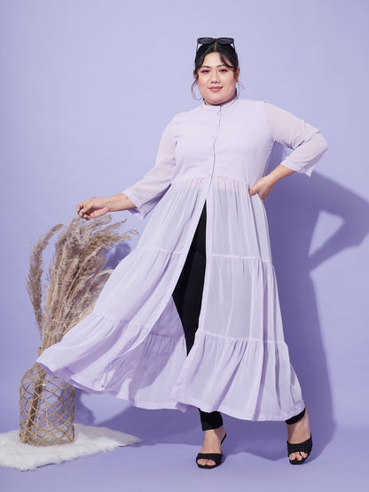 Women's Lavender Front Open Sheer Tiered Maxi Top