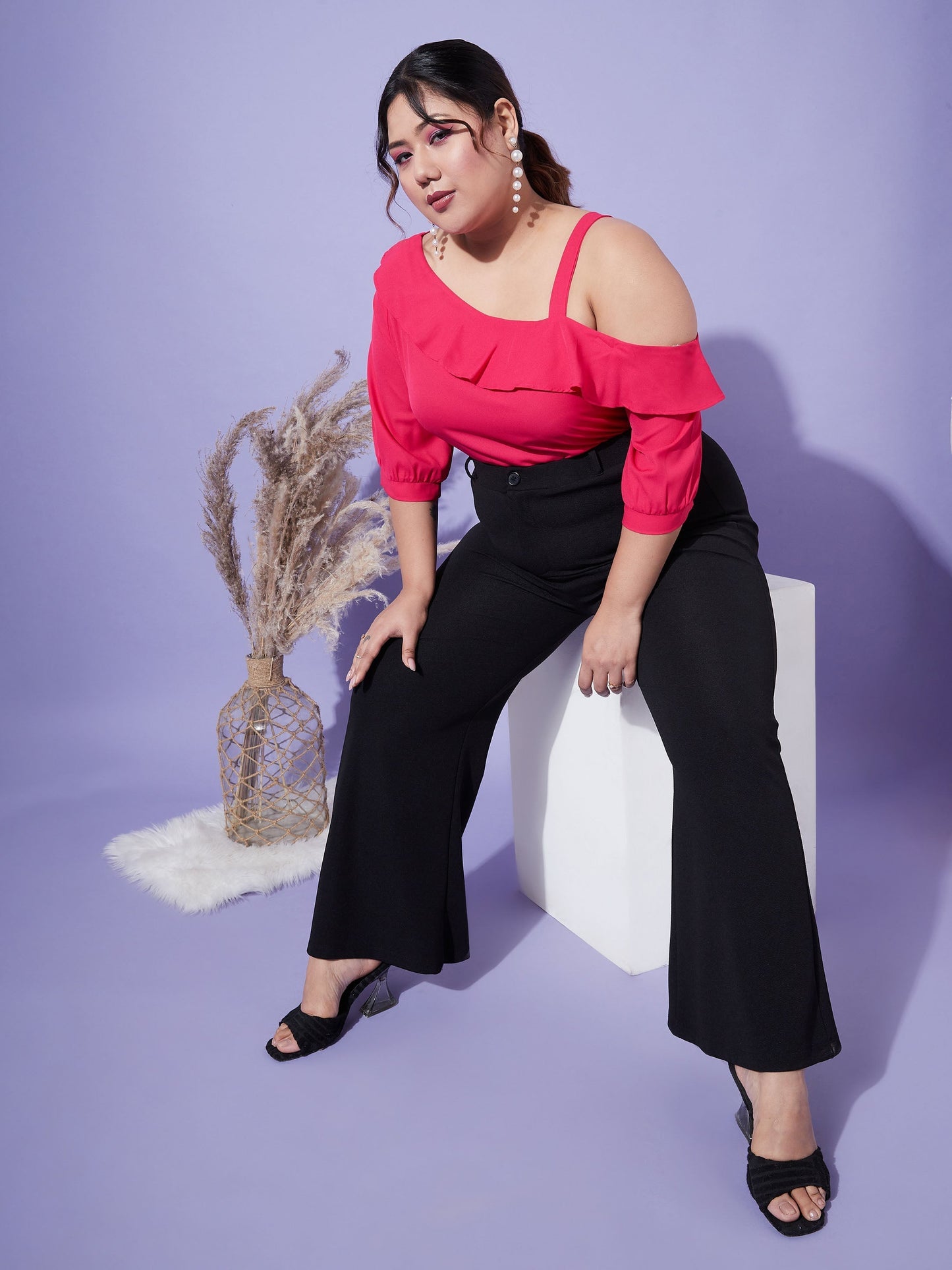 Women's Magenta One Shoulder Ruffle Top
