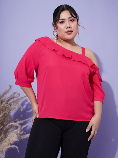 Women's Magenta One Shoulder Ruffle Top