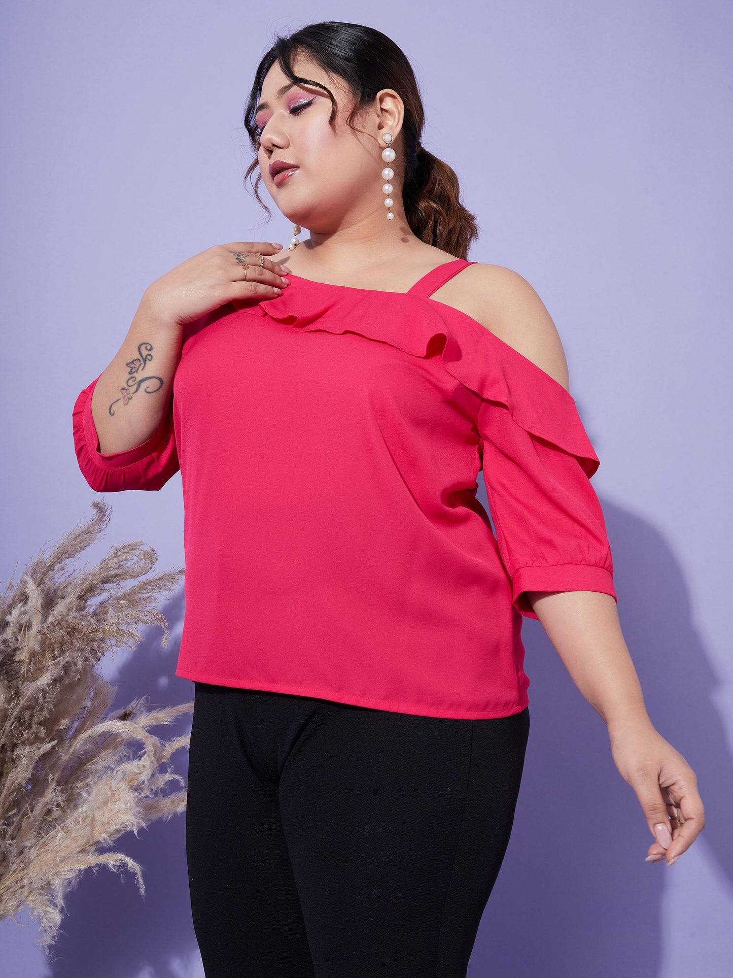 Women's Magenta One Shoulder Ruffle Top