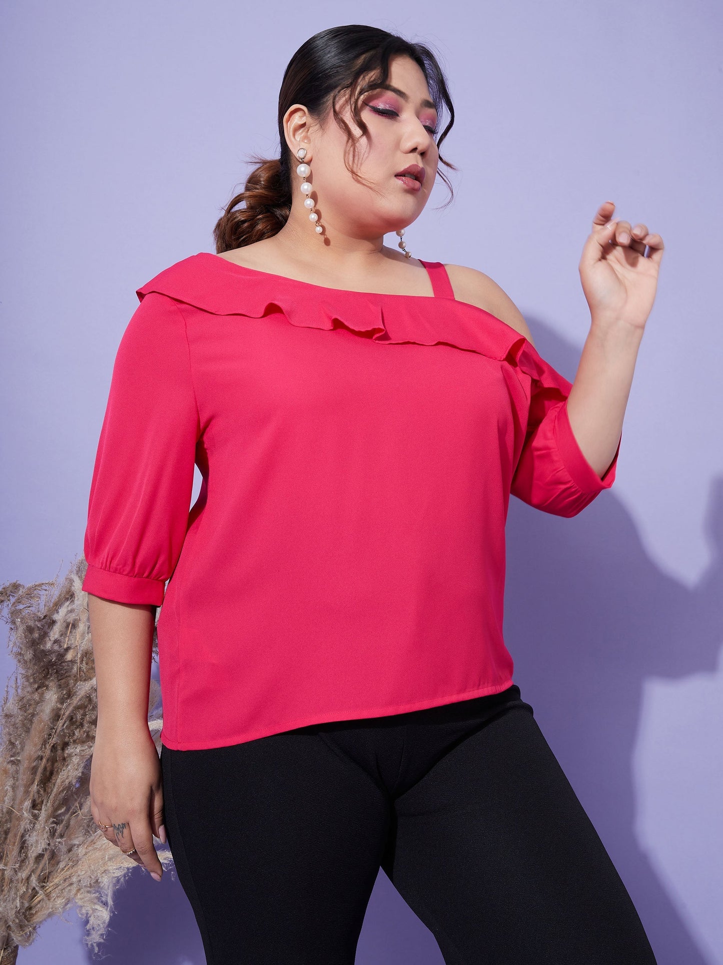 Women's Magenta One Shoulder Ruffle Top