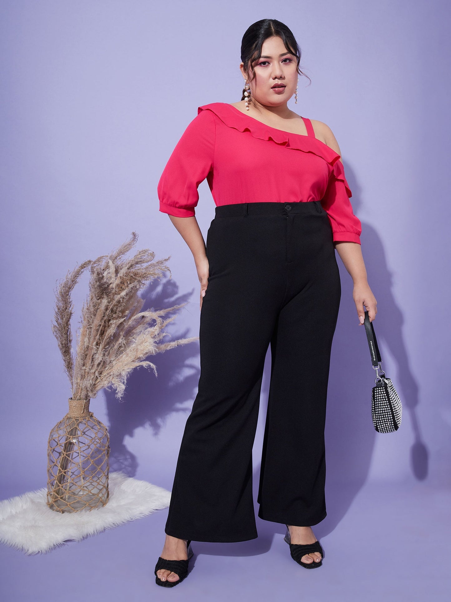 Women's Magenta One Shoulder Ruffle Top