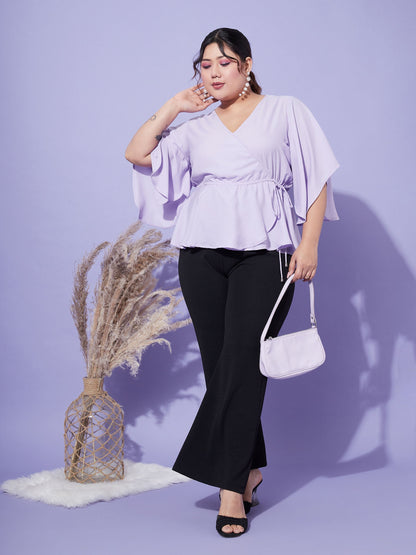 Women's Lavender Short Frill Sleeves Wrap Top