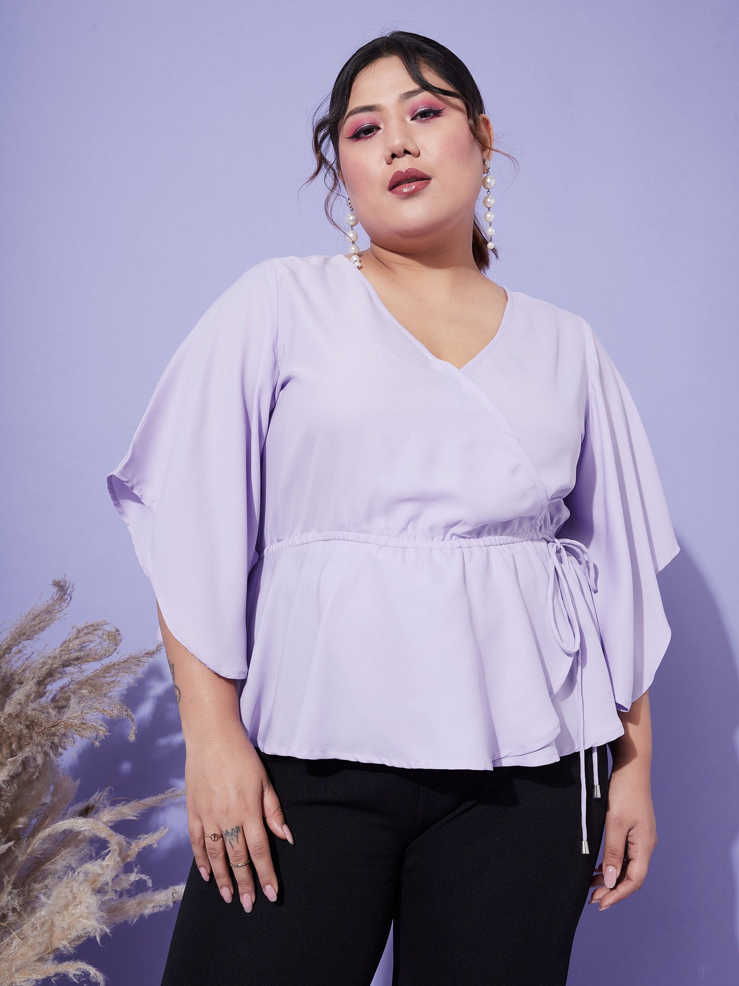 Women's Lavender Short Frill Sleeves Wrap Top