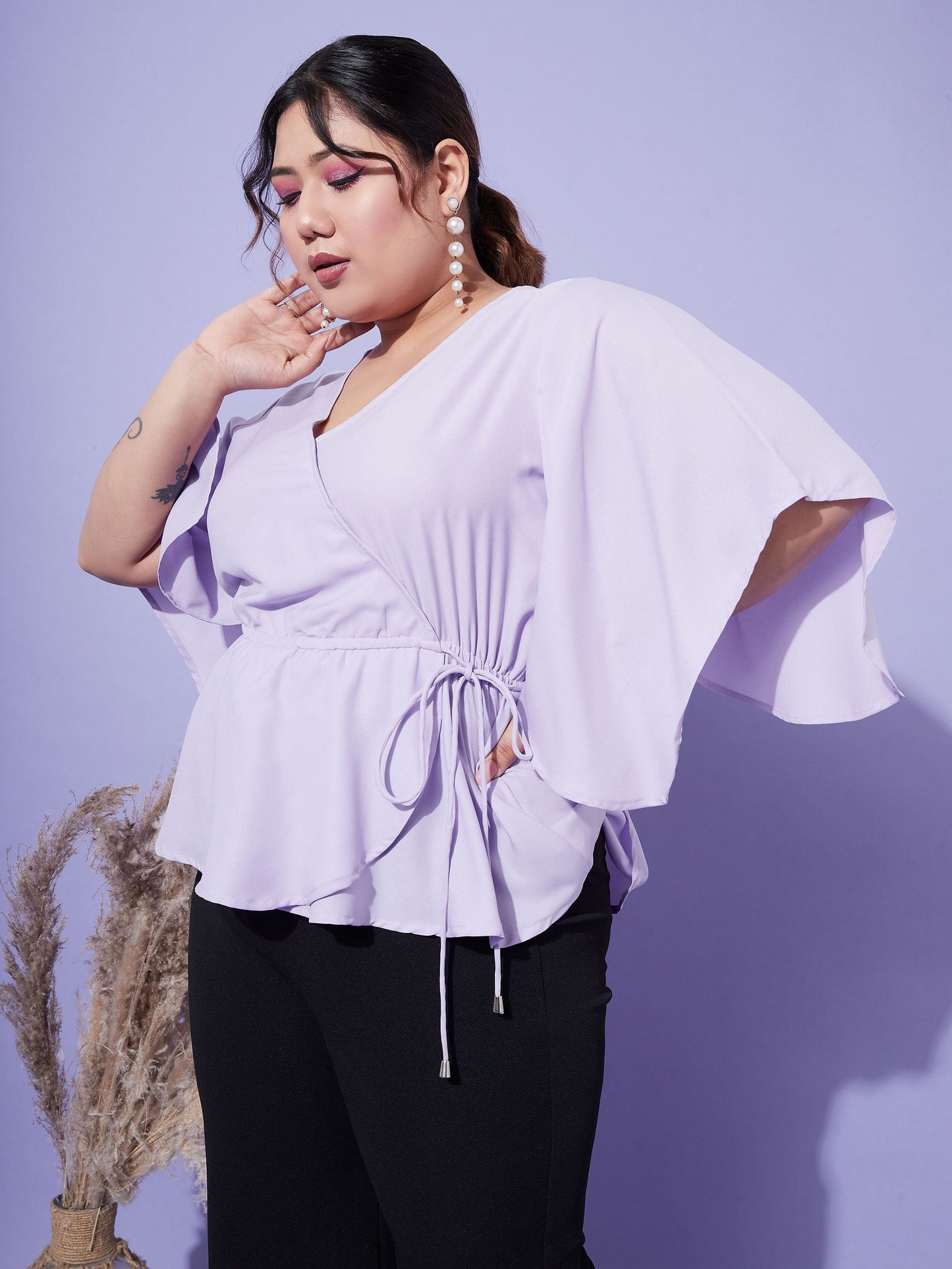 Women's Lavender Short Frill Sleeves Wrap Top
