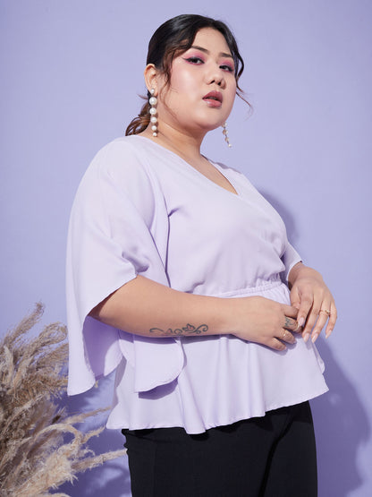 Women's Lavender Short Frill Sleeves Wrap Top