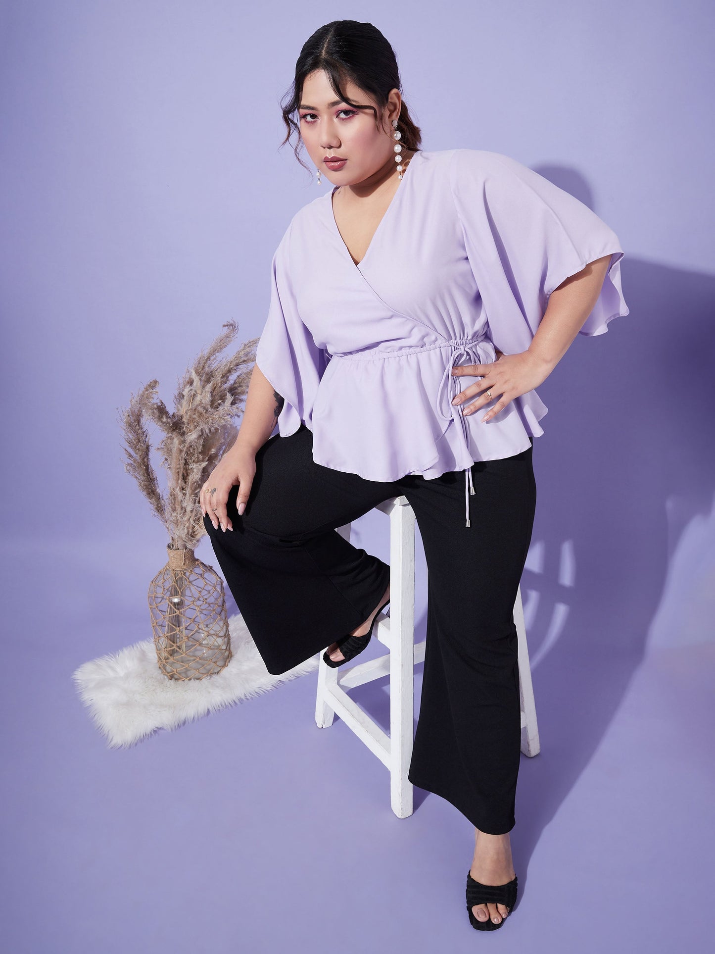Women's Lavender Short Frill Sleeves Wrap Top