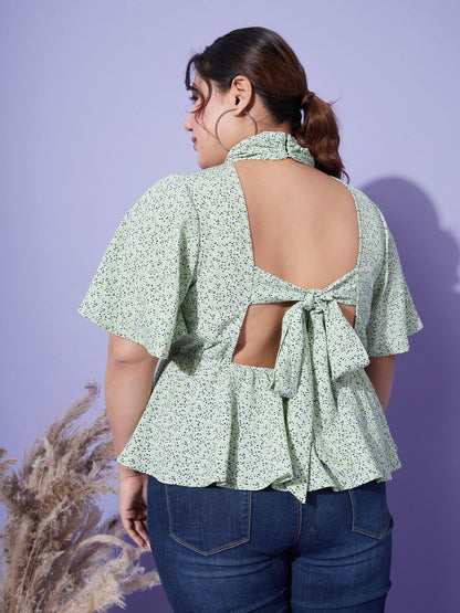 Women's Green Floral Back Tie-up Top