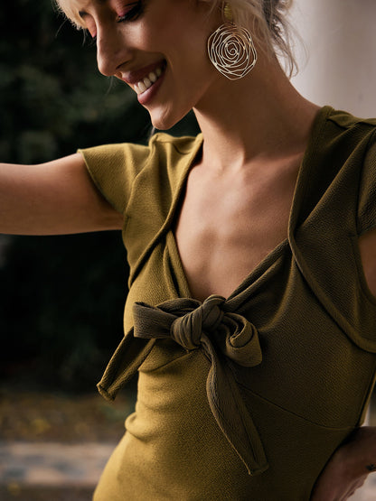 Women's Olive V-Neck Tie-Knot Cap Sleeves Top