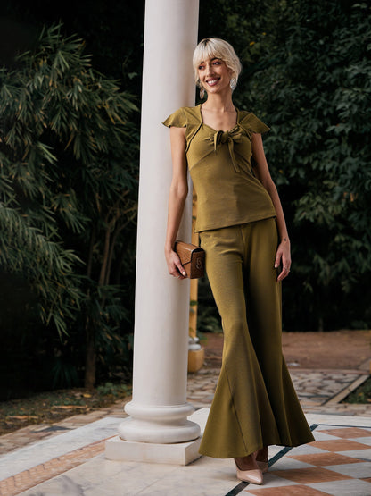 Women's Olive V-Neck Tie-Knot Cap Sleeves Top