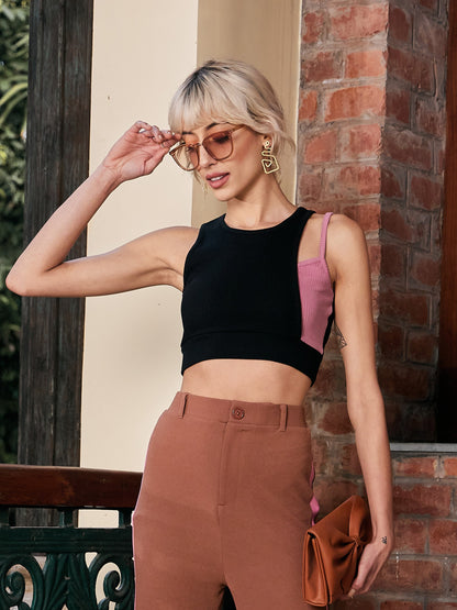 Women's Black Rib Colorblock Shoulder Crop Top