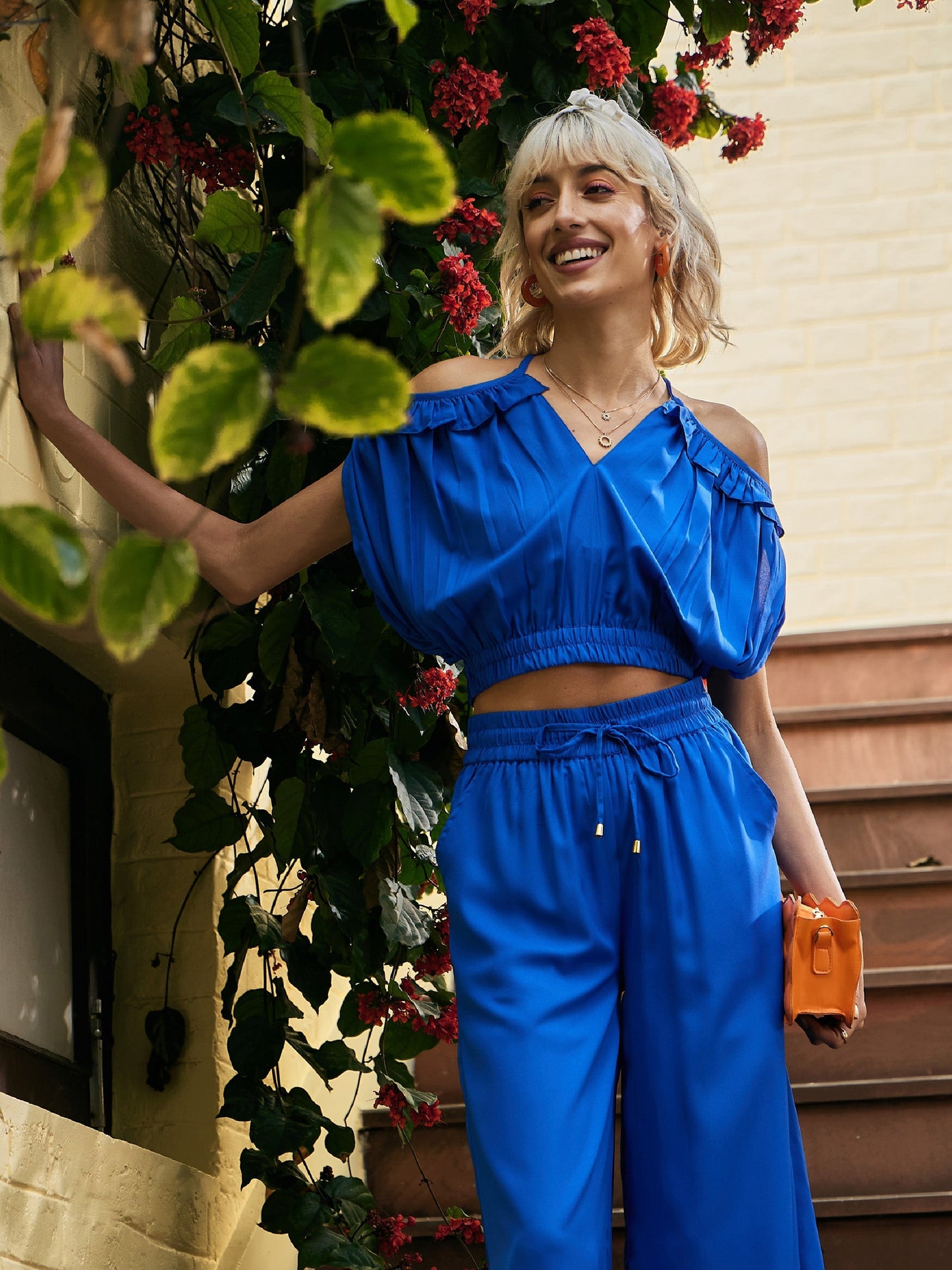 Women's Royal Blue Strappy V-Neck Tie Back Crop Top