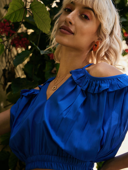 Women's Royal Blue Strappy V-Neck Tie Back Crop Top