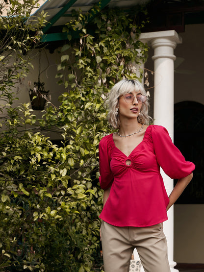 Women's Fuchsia Front Keyhole Peplum Top
