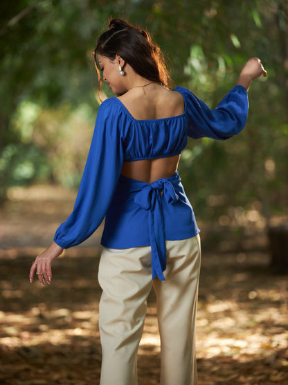 Women's Royal Blue Front Ruched Peplum Top