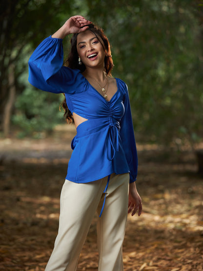Women's Royal Blue Front Ruched Peplum Top