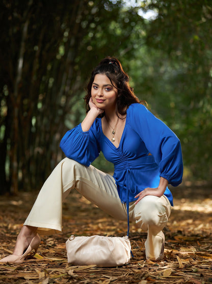 Women's Royal Blue Front Ruched Peplum Top
