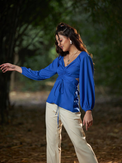 Women's Royal Blue Front Ruched Peplum Top