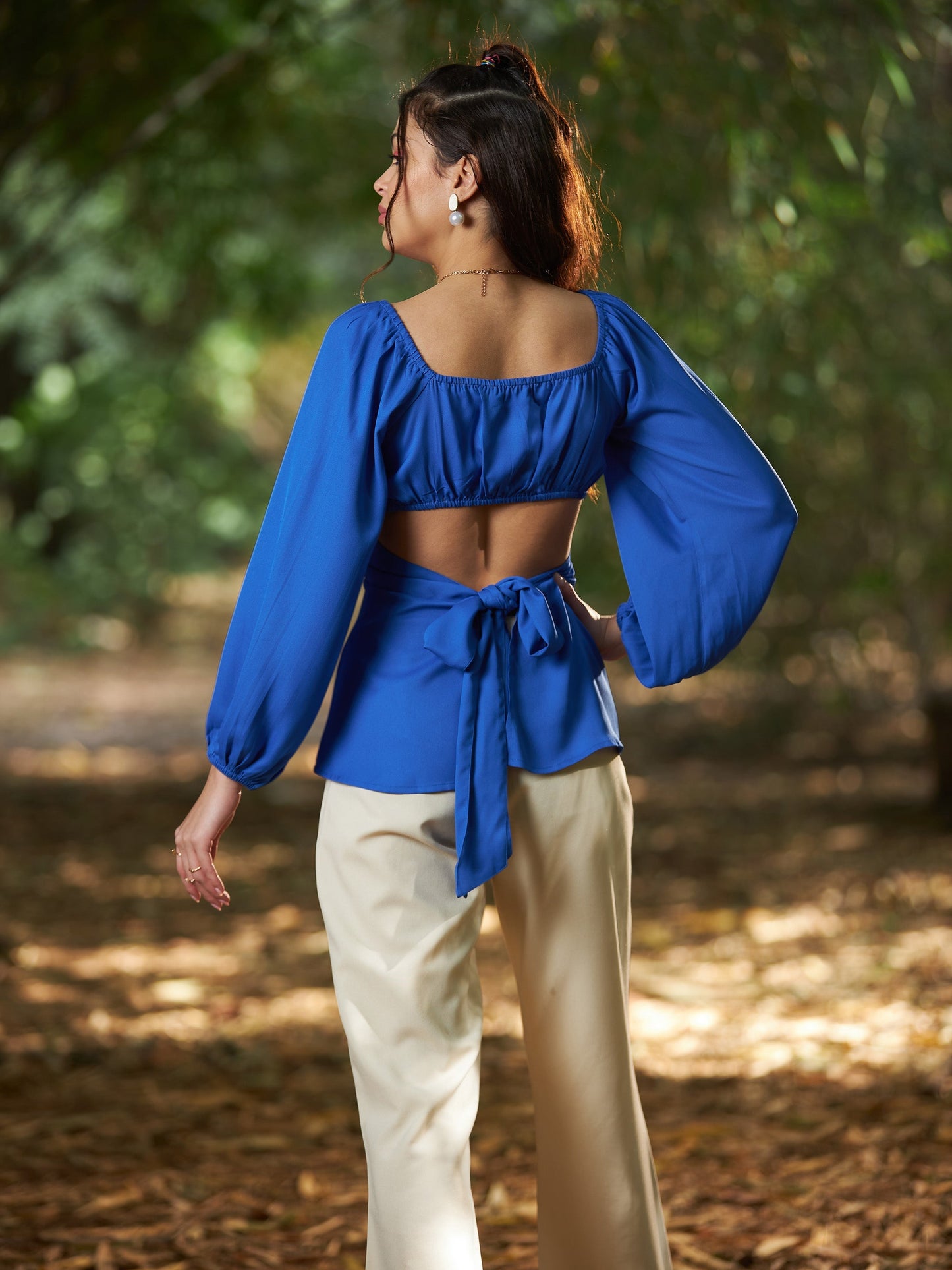Women's Royal Blue Front Ruched Peplum Top