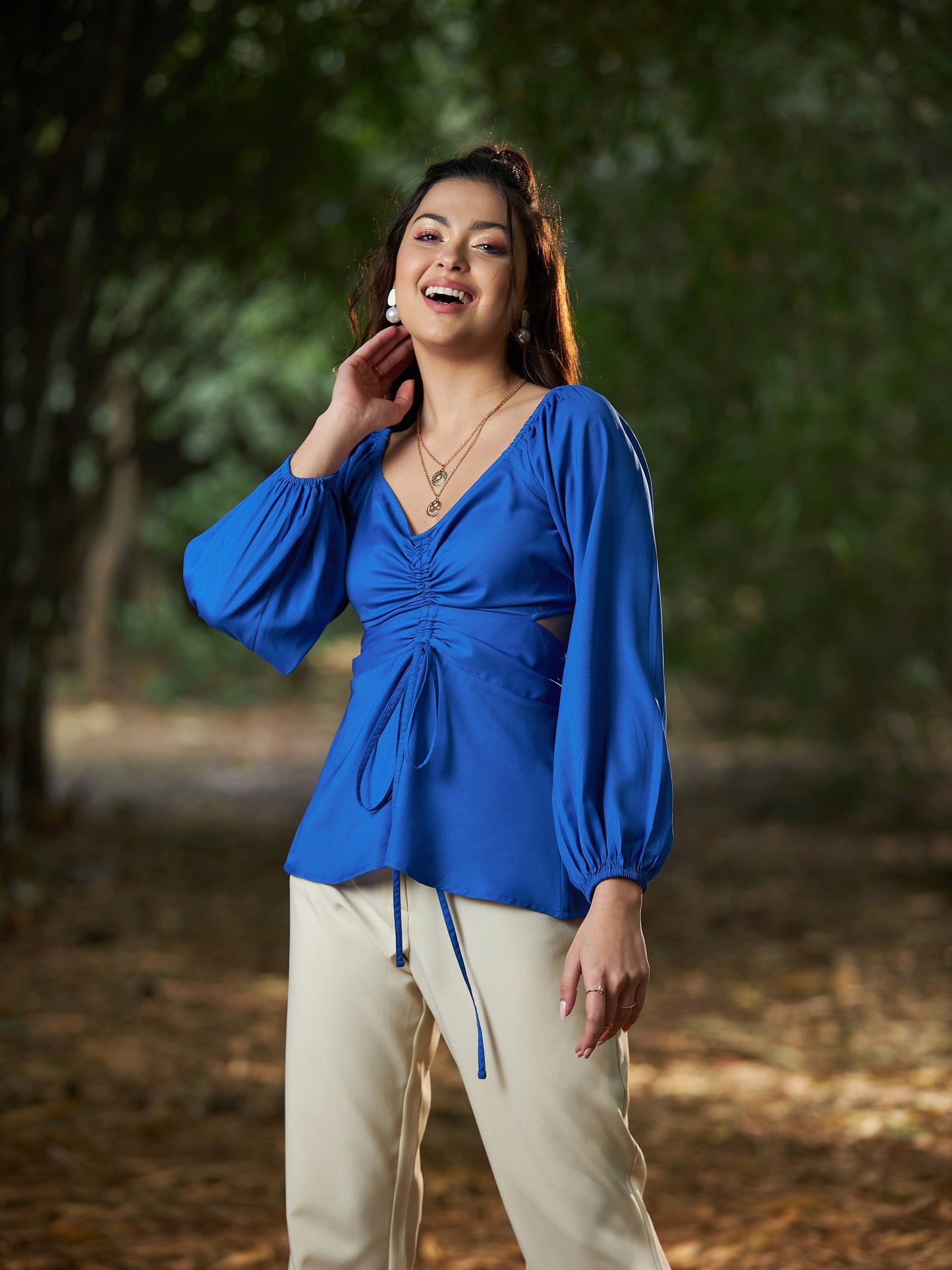 Women's Royal Blue Front Ruched Peplum Top