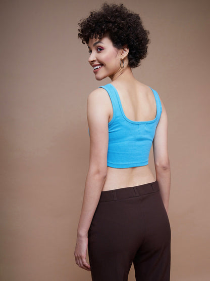 Women's Turquoise Rib Square Neck Cropped Tank Top