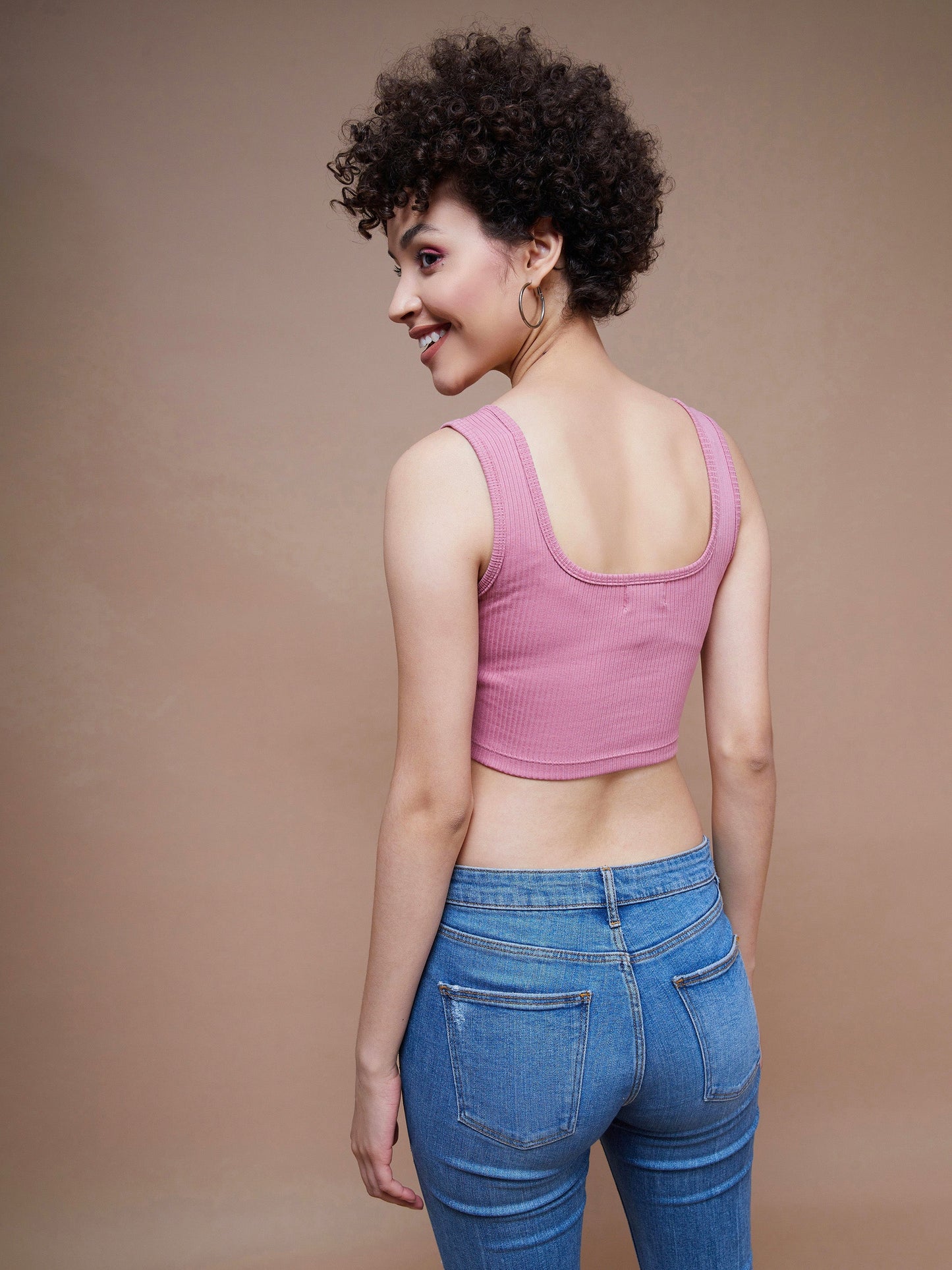 Women's Pink Rib Square Neck Cropped Tank Top