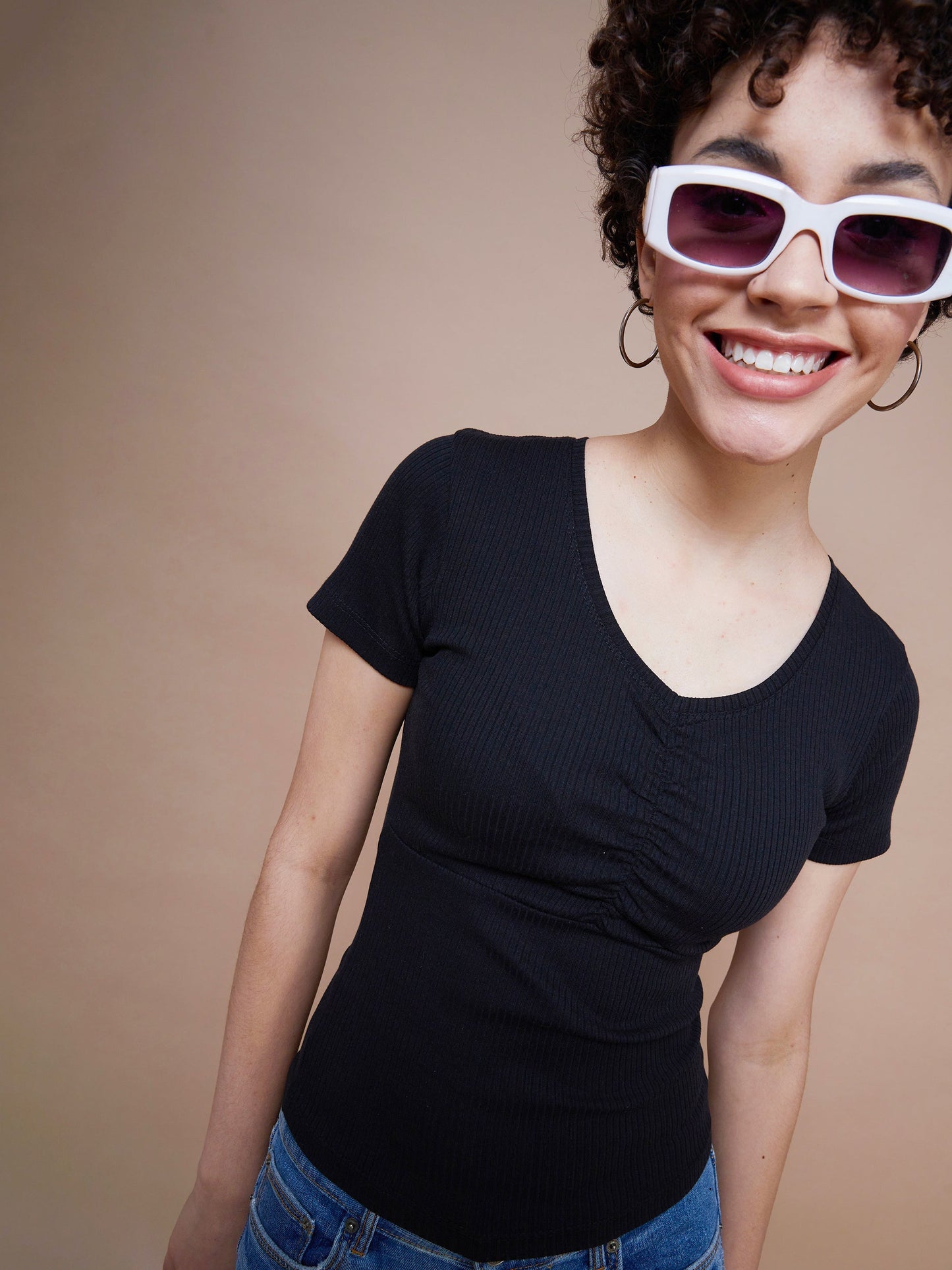 Women's Black Rib V-Neck Ruched Top
