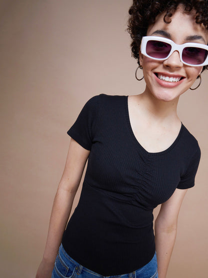 Women's Black Rib V-Neck Ruched Top