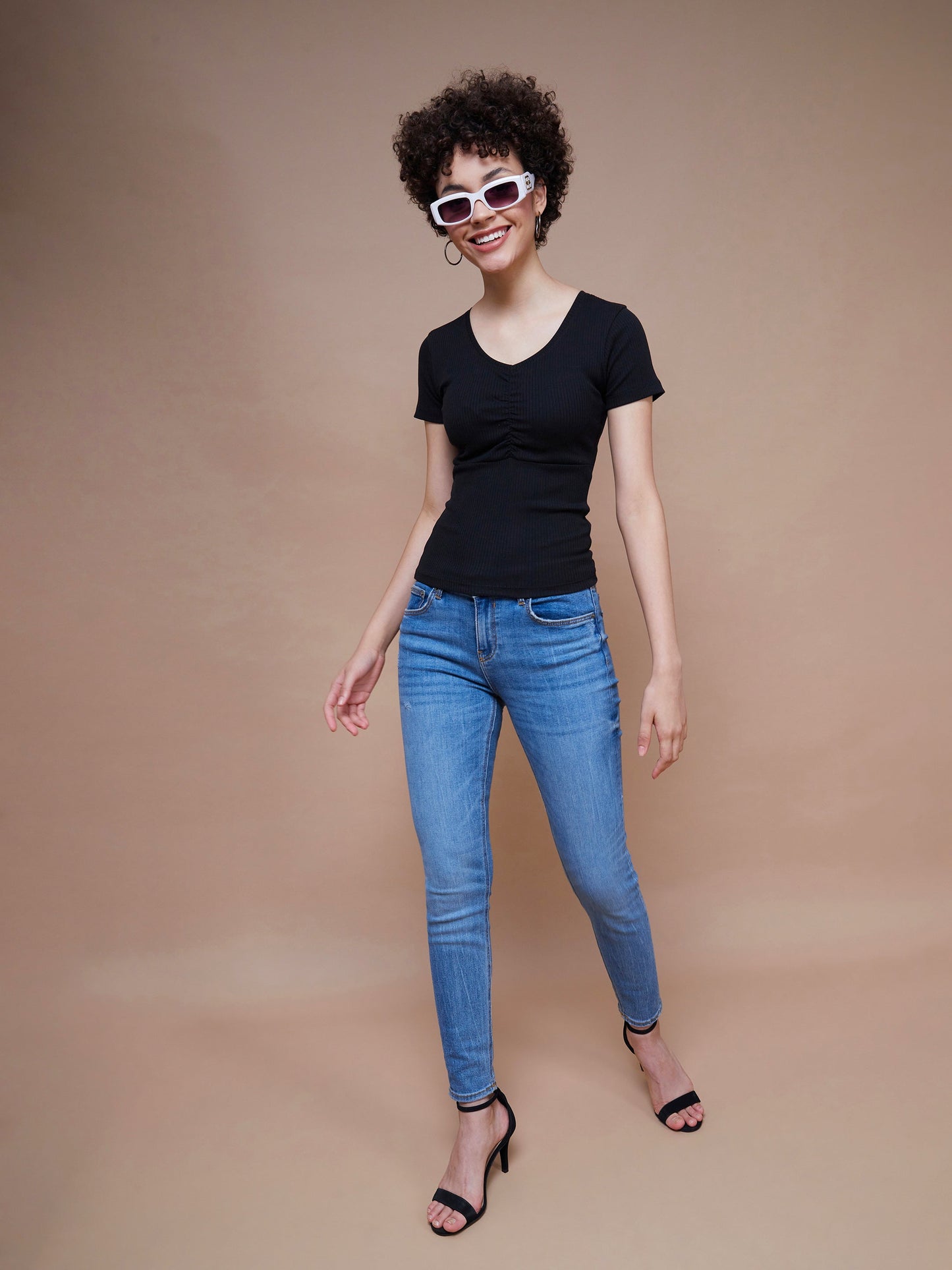Women's Black Rib V-Neck Ruched Top