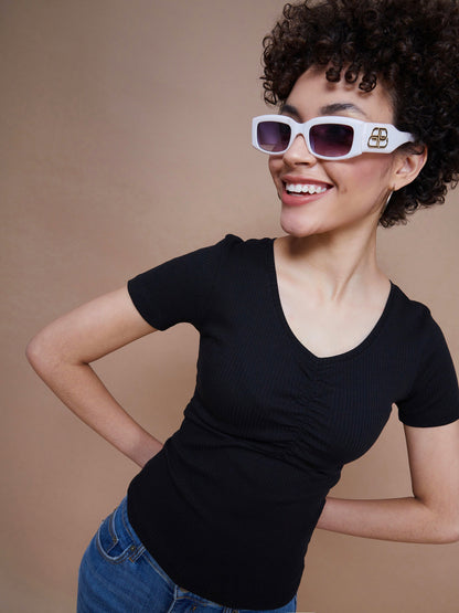 Women's Black Rib V-Neck Ruched Top