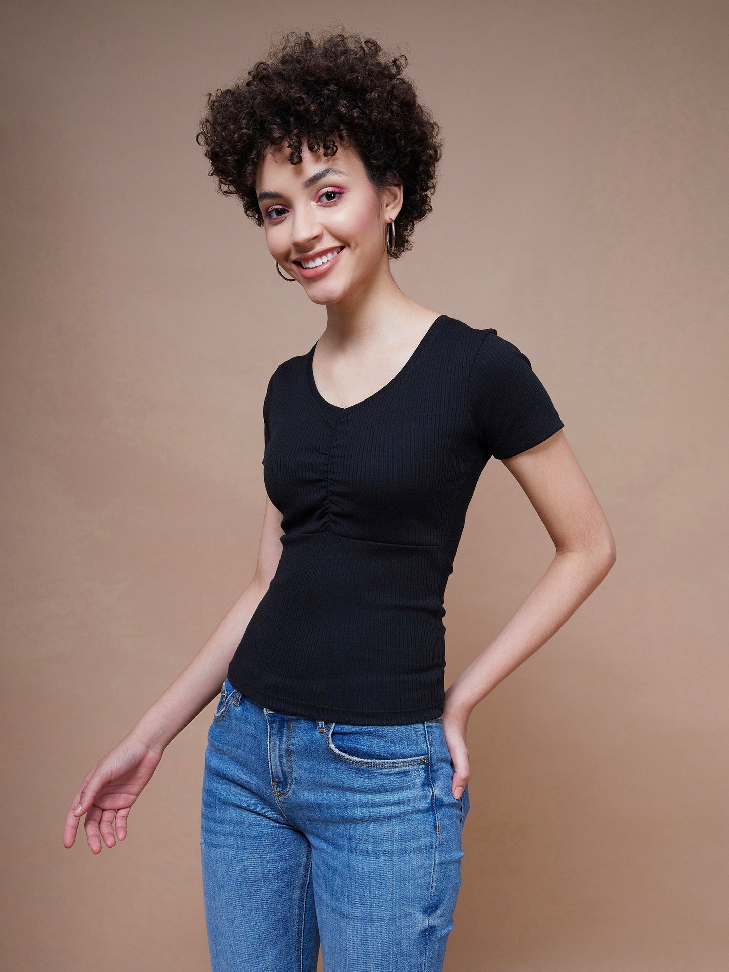 Women's Black Rib V-Neck Ruched Top