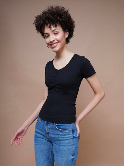 Women's Black Rib V-Neck Ruched Top