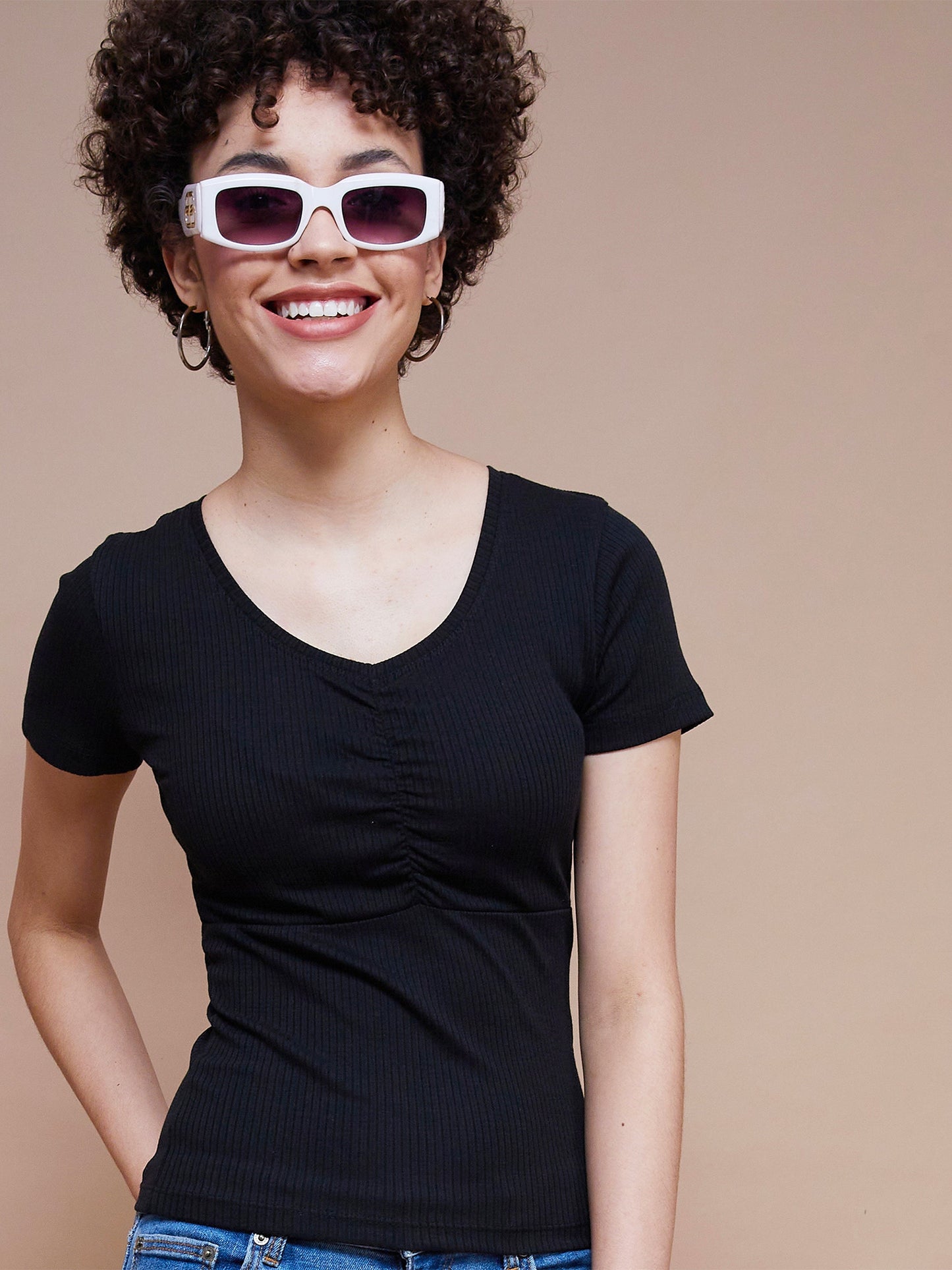 Women's Black Rib V-Neck Ruched Top