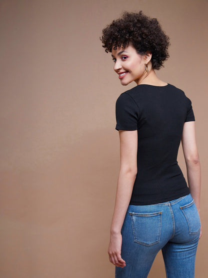 Women's Black Rib V-Neck Ruched Top