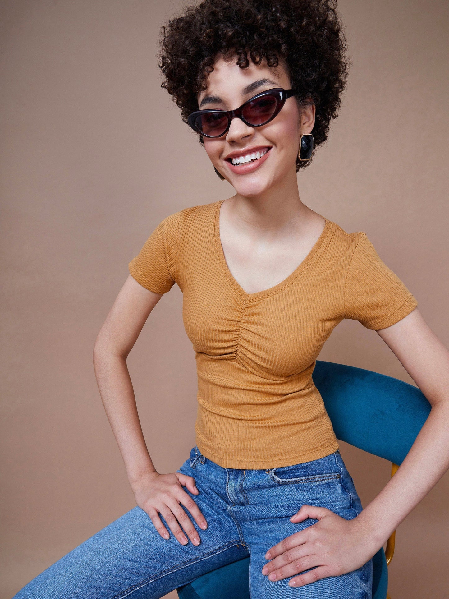 Women's Brown Rib V-Neck Ruched Top