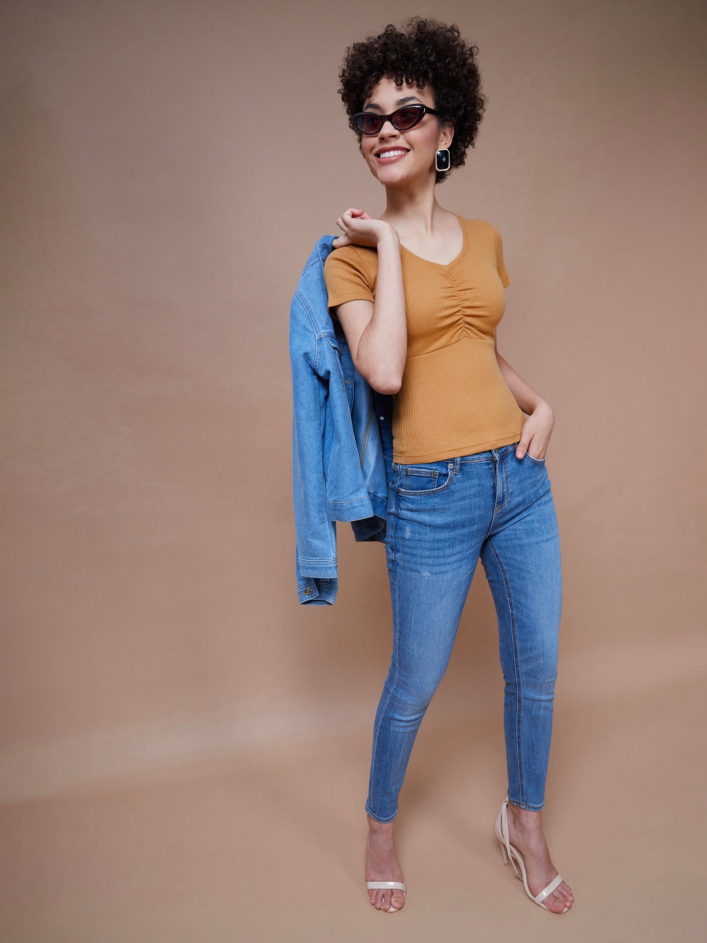 Women's Brown Rib V-Neck Ruched Top