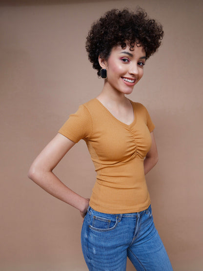 Women's Brown Rib V-Neck Ruched Top