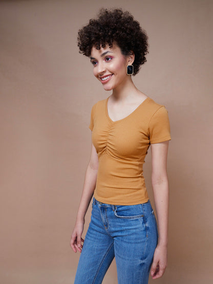 Women's Brown Rib V-Neck Ruched Top