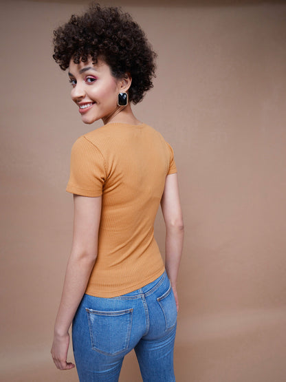 Women's Brown Rib V-Neck Ruched Top