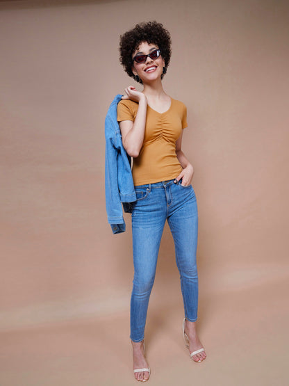 Women's Brown Rib V-Neck Ruched Top