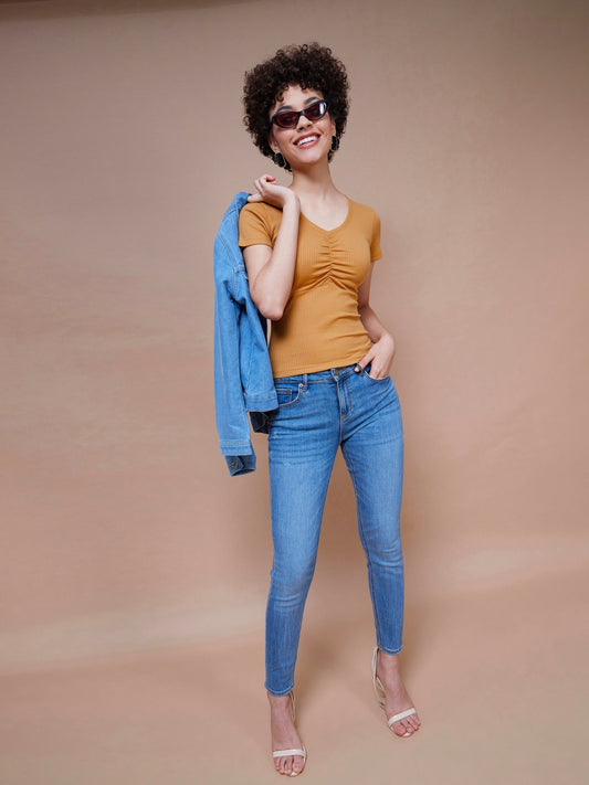 Women's Brown Rib V-Neck Ruched Top