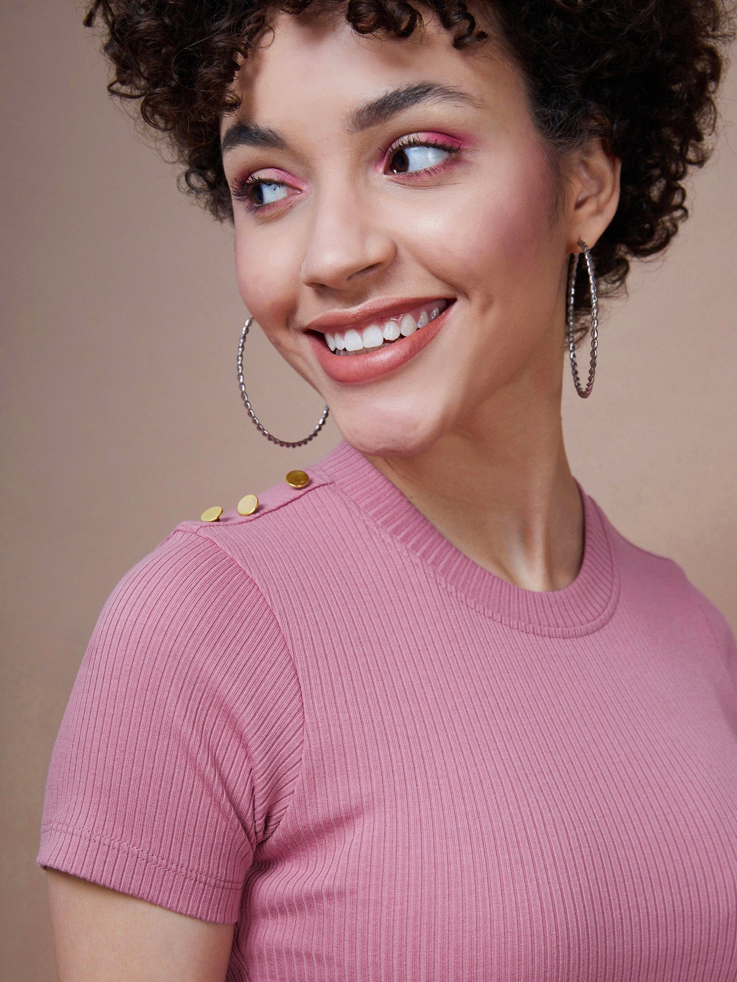 Women's Pink Rib Round Neck Top