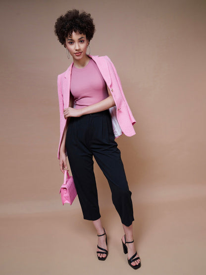 Women's Pink Rib Round Neck Top