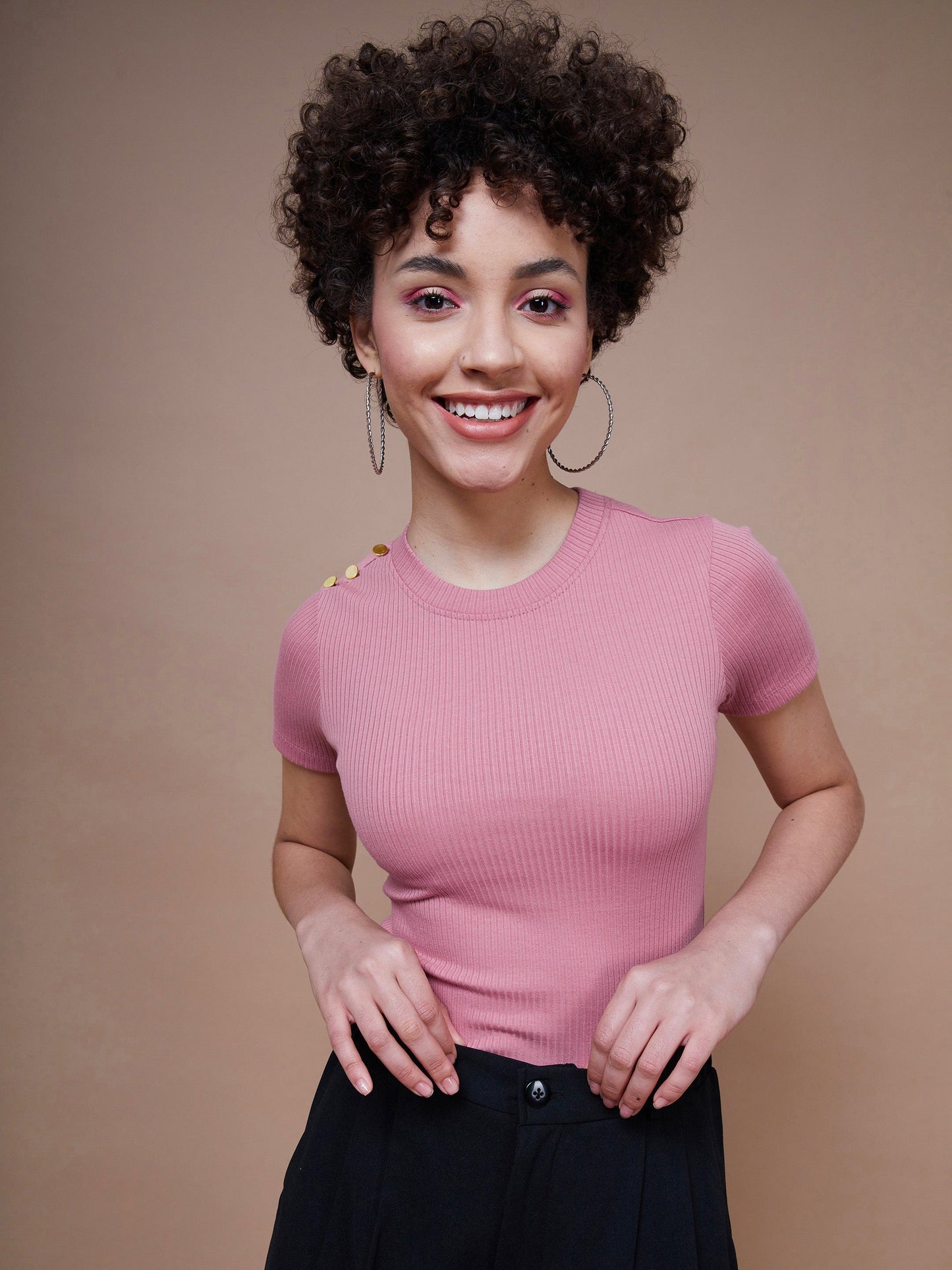 Women's Pink Rib Round Neck Top