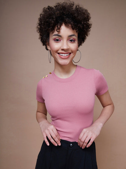 Women's Pink Rib Round Neck Top