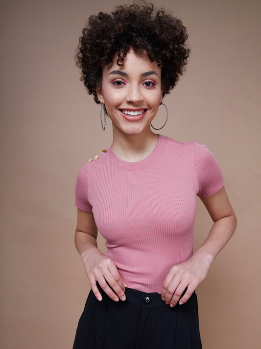 Women's Pink Rib Round Neck Top