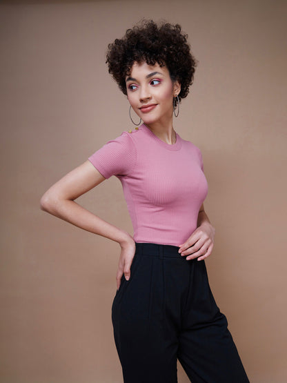 Women's Pink Rib Round Neck Top